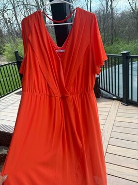 NOTATIONS Women's V-Neck Orange Red Wrap Dress w fluttery sleeves